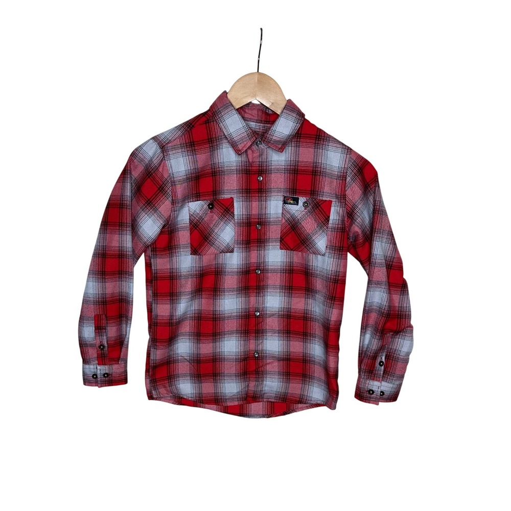Dixxon Flannel Kids Plaid Long Sleeve Button Down size Medium Red/White/Black